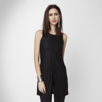 AND Front-Slit Round Neck Top